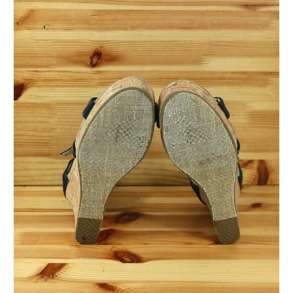Toms Womens 9.5 Navy Blue Canvas Strappy Wedge Heel Sandals Ankle Strap - Picture 8 of 9